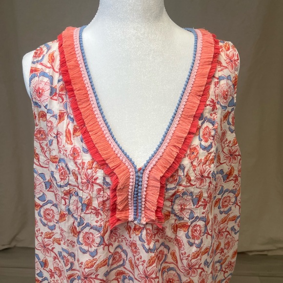Vineyard Vines Floral Sleeveless V-Neck Top Tunic with Ruffle Trim Sz M - Picture 2 of 8